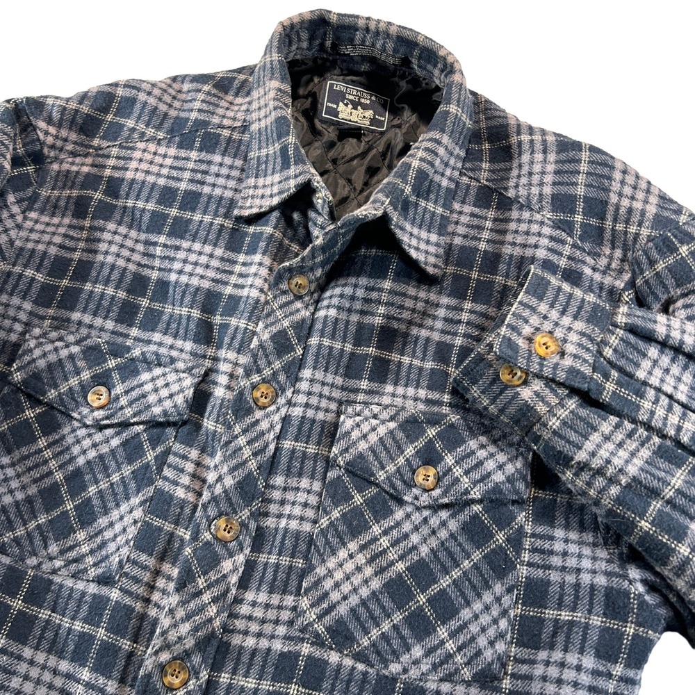 Levi Strauss Shirt Jacket Mens Large Blue Plaid Quilted Lined Flannel Shacket